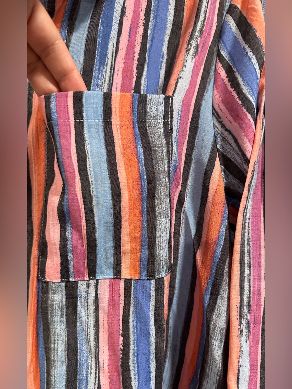 Daily Thread Multicolor Striped Button Down Top Ruched Tie Sleeves Rayon Blend L - Picture 8 of 14